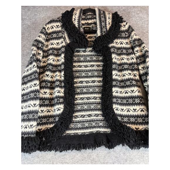 Folia Fair Isle Cardigan Sweater Womens Large Black White Fringe Lamb Wool Blend - Picture 1 of 7